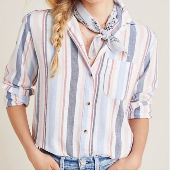 Anthropologie Maeve Multi Chatham Colored Striped Button Down Shirt Sz Small - Picture 1 of 8
